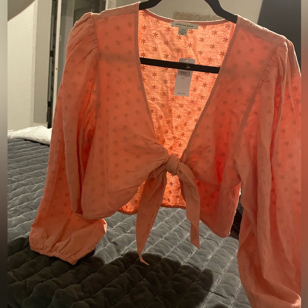 NWT American Eagle Plunging Peach FrontTie Crop Top w/ long wide sleeves-Size L